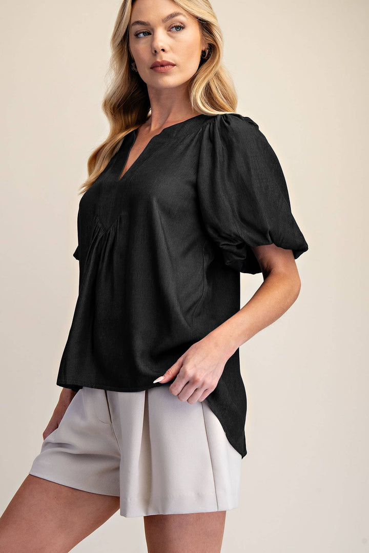 V-Neck Placket Balloon Sleeve Top