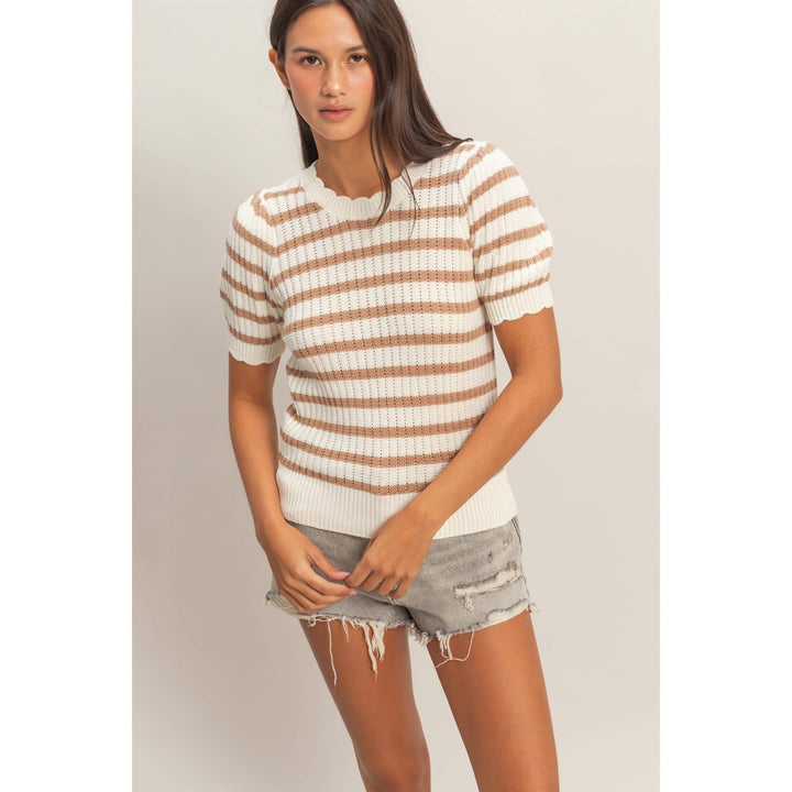 Striped Scallop Edge Puff Sleeve Knit Top