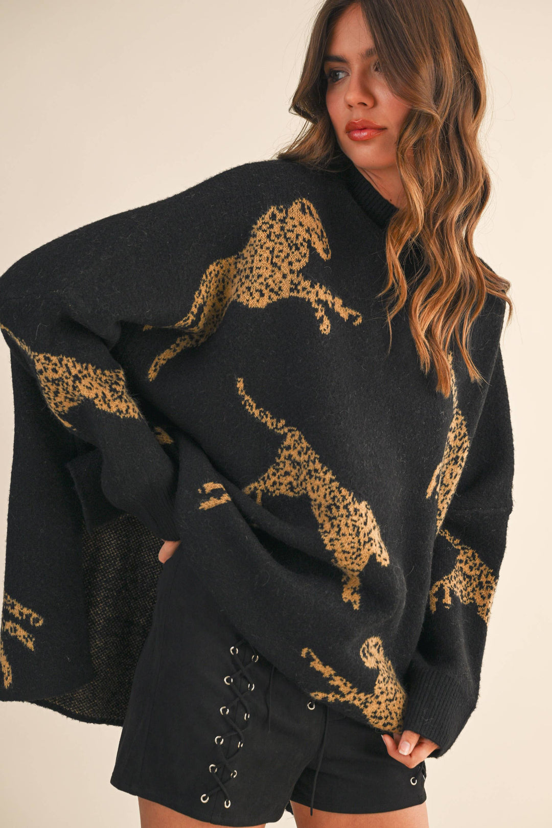 CHEETAH PRINT OVERSIZED MOCK NECK SWEATER TOP