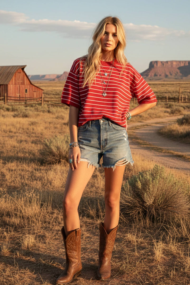 Oversized Striped Knit Short Sleeve Top
