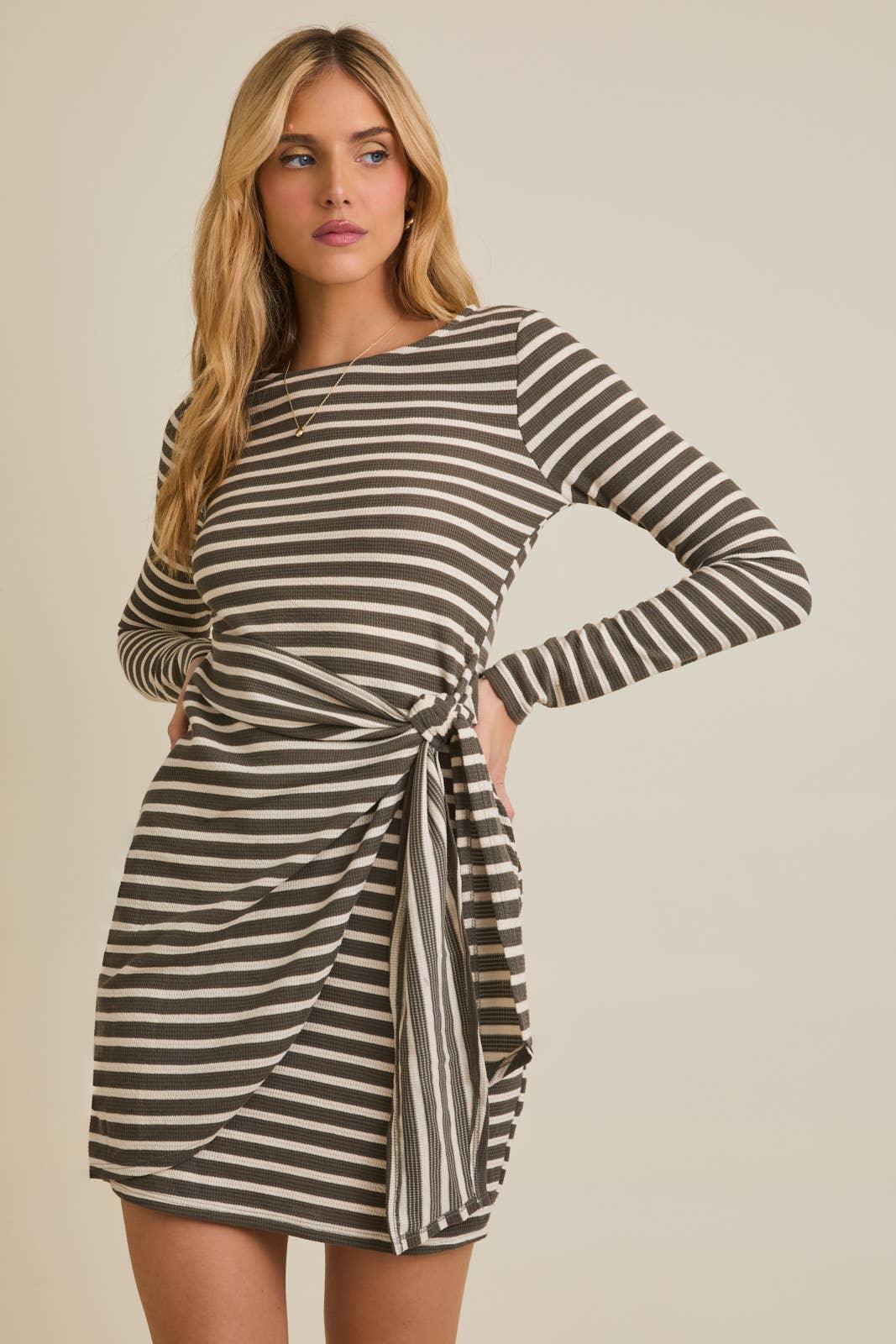 Women's Dresses - ROUND NECK WAIST TIE LONG SLEEVE DRESS - IVORY-OLIVE STRIPE - Cultured Cloths Apparel