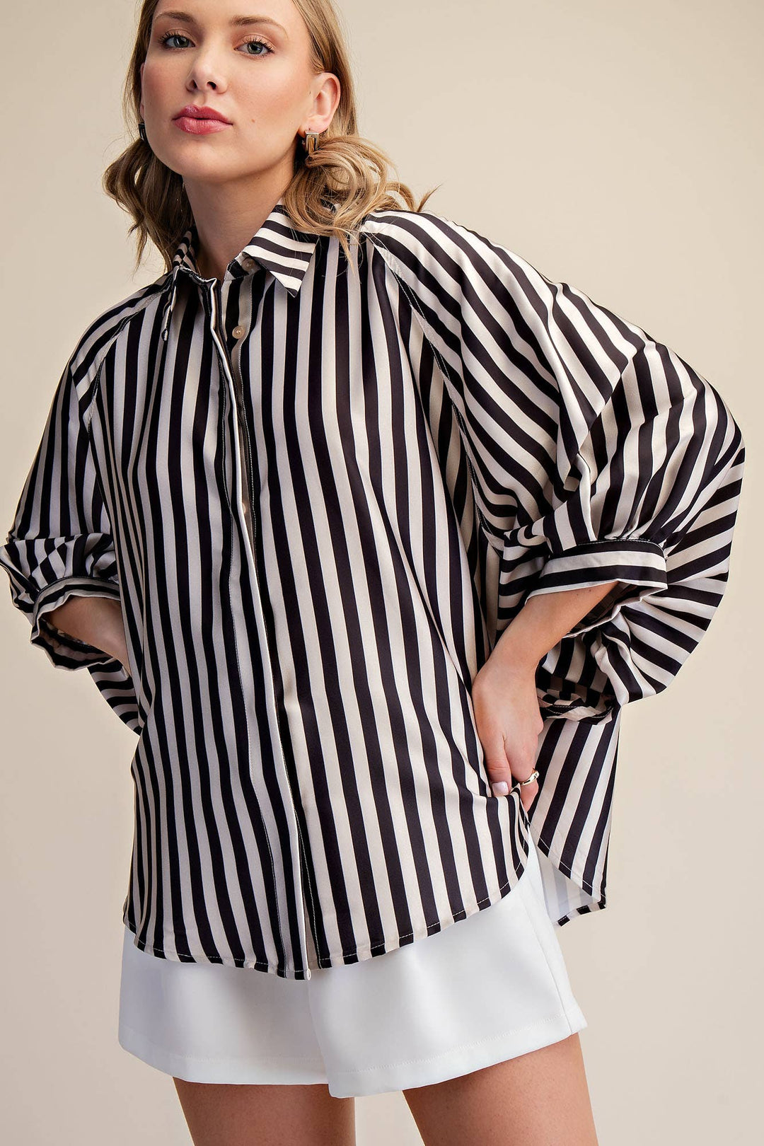 Women's 3/4 Sleeve - Balloon Dolman Sleeve Button Front Oversized Shirt - - Cultured Cloths Apparel