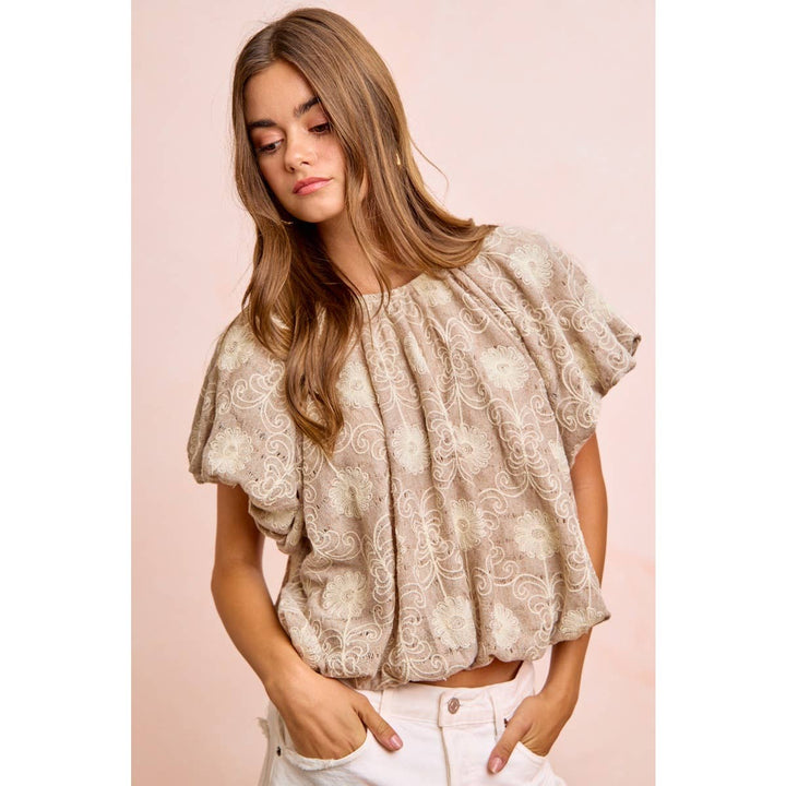 Women's Short Sleeve - FLOWER EMBROIDERED SHIRRED NECKLINE BUBBLE HEM TOP - - Cultured Cloths Apparel