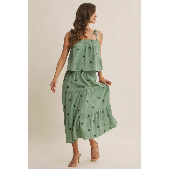 Women's Sleeveless - SUNSET FIELD EMBROIDERED COTTON GAUZE TANK WITH TIE STRAPS - - Cultured Cloths Apparel