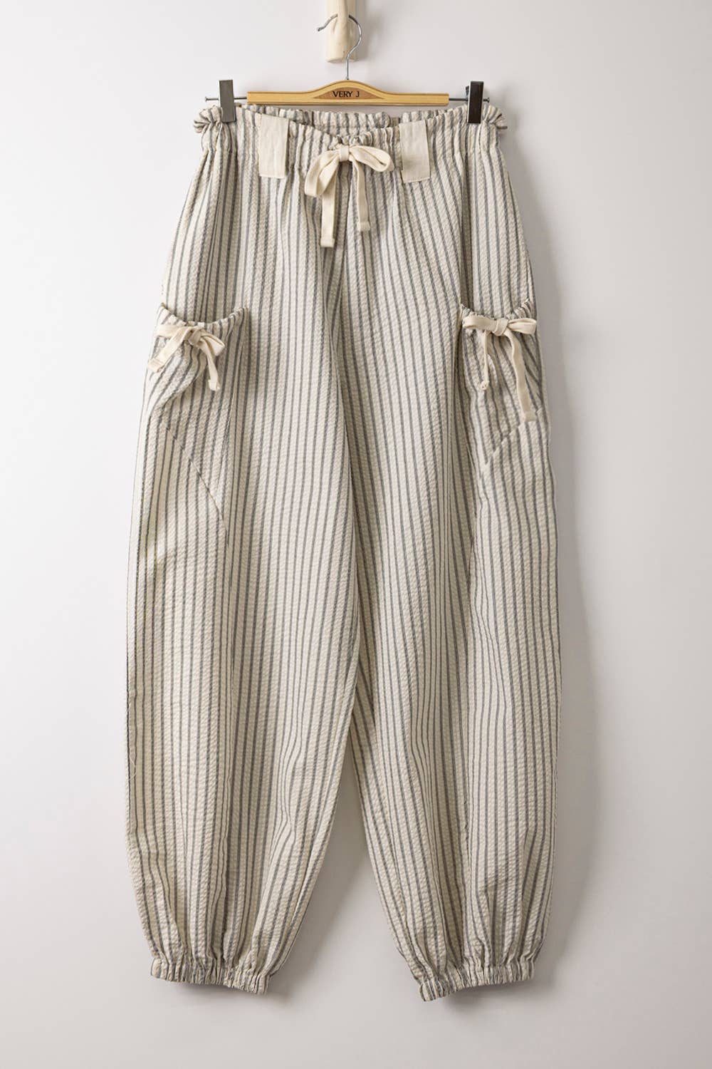 Pants - NP71004-Bow Detail Stripe Textured Woven Pants - - Cultured Cloths Apparel