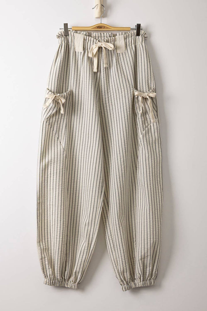 Pants - NP71004-Bow Detail Stripe Textured Woven Pants - - Cultured Cloths Apparel