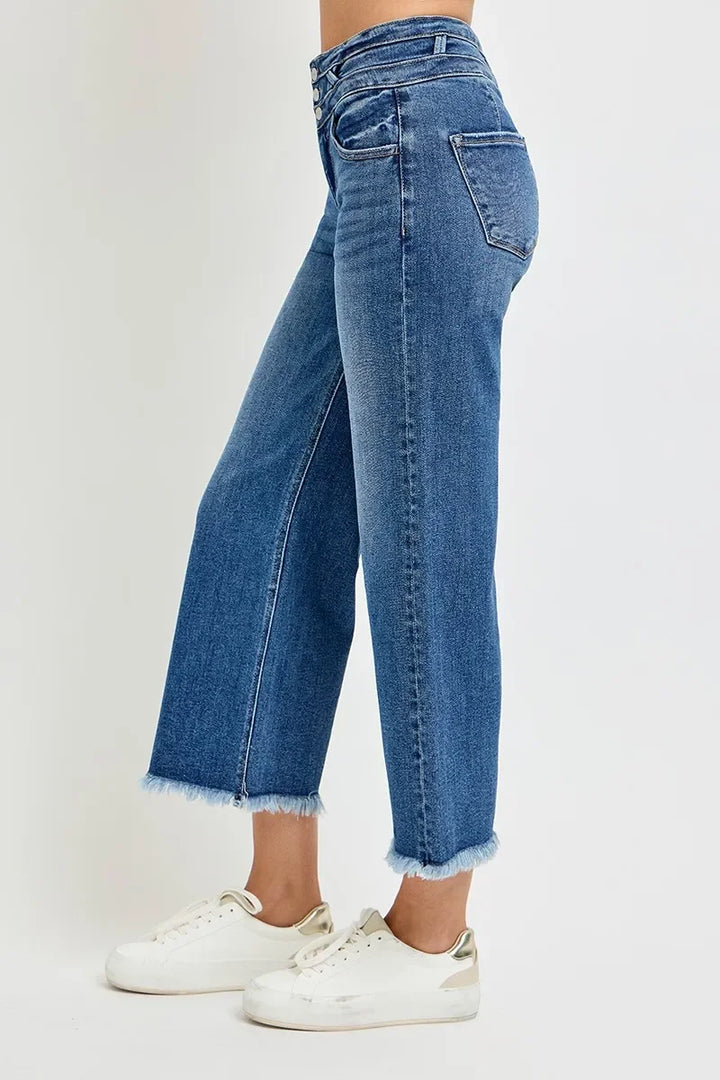 Denim - RISEN High Rise Crop Wide Leg Jeans with Wide Band Detail - - Cultured Cloths Apparel