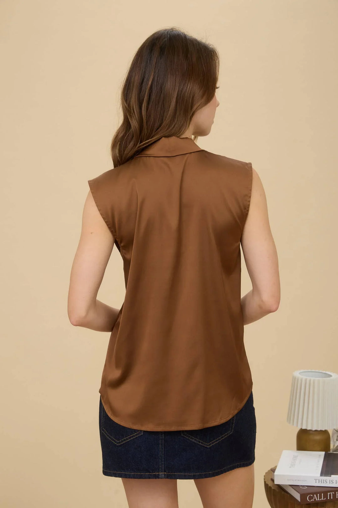 Women's Sleeveless - SATIN COLLARED SLEEVELESS BLOUSE - - Cultured Cloths Apparel