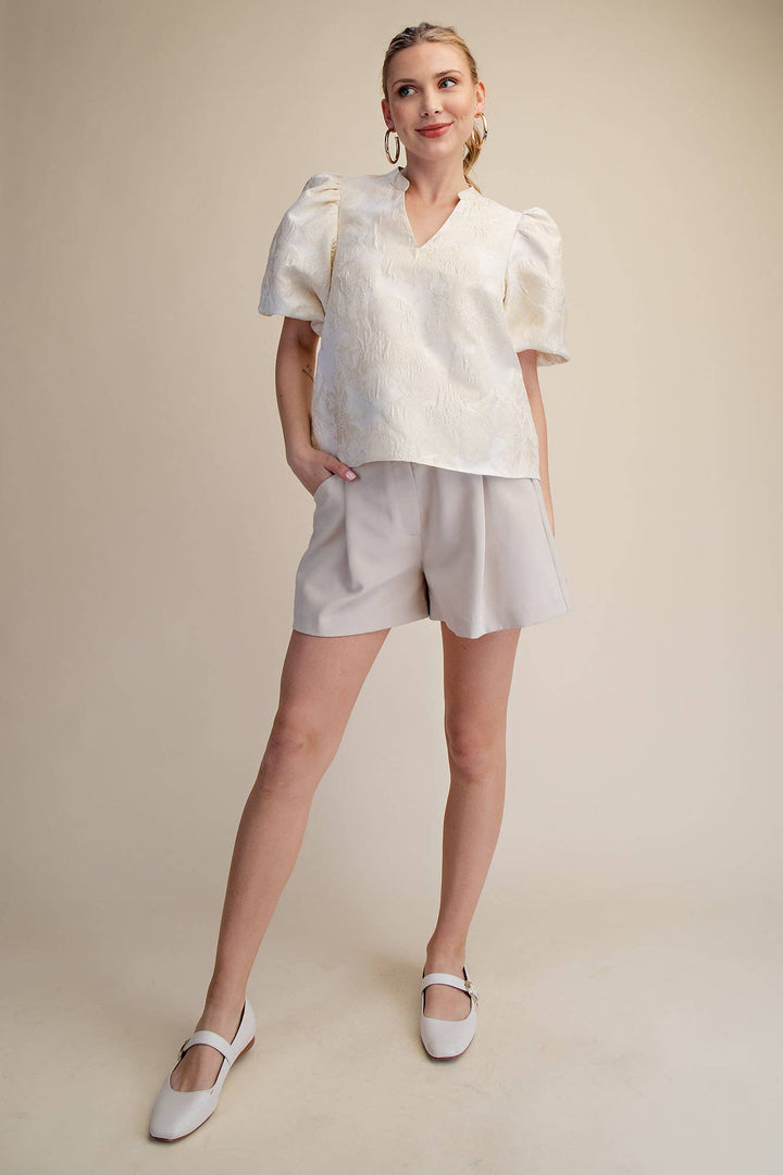 Women's Short Sleeve - V-Neck Puff Sleeve Jacquard Top - - Cultured Cloths Apparel
