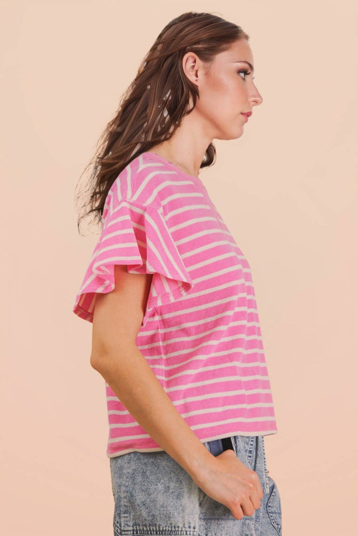 Oversized Ruffle Sleeve Casual Stripe Knit Top