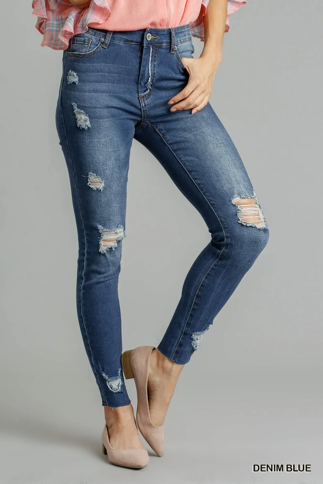 Denim - Umgee Distressed Skinny Jeans with Pockets - DENIM BLUE - Cultured Cloths Apparel