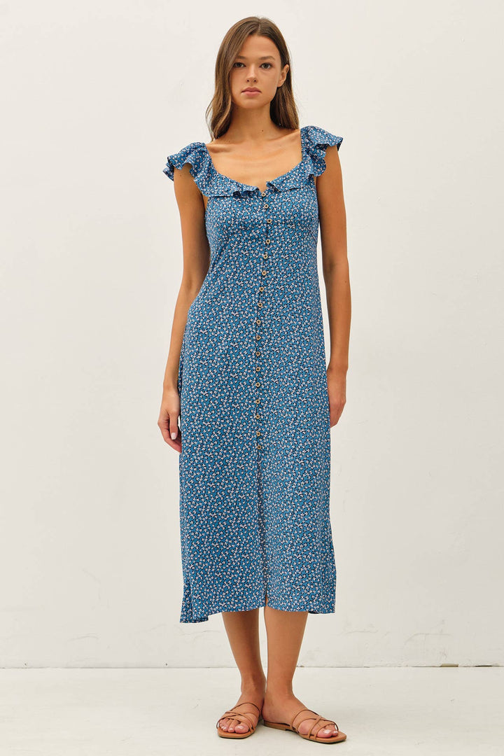 VITAGE DITSY PRINT RUFFLEED MIDI DRESS