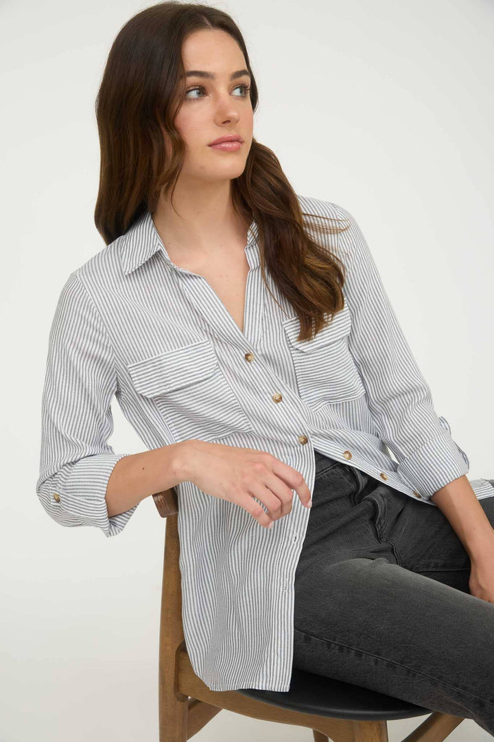 STRIPED COLLARED BUTTON DOWN WITH POCKETS