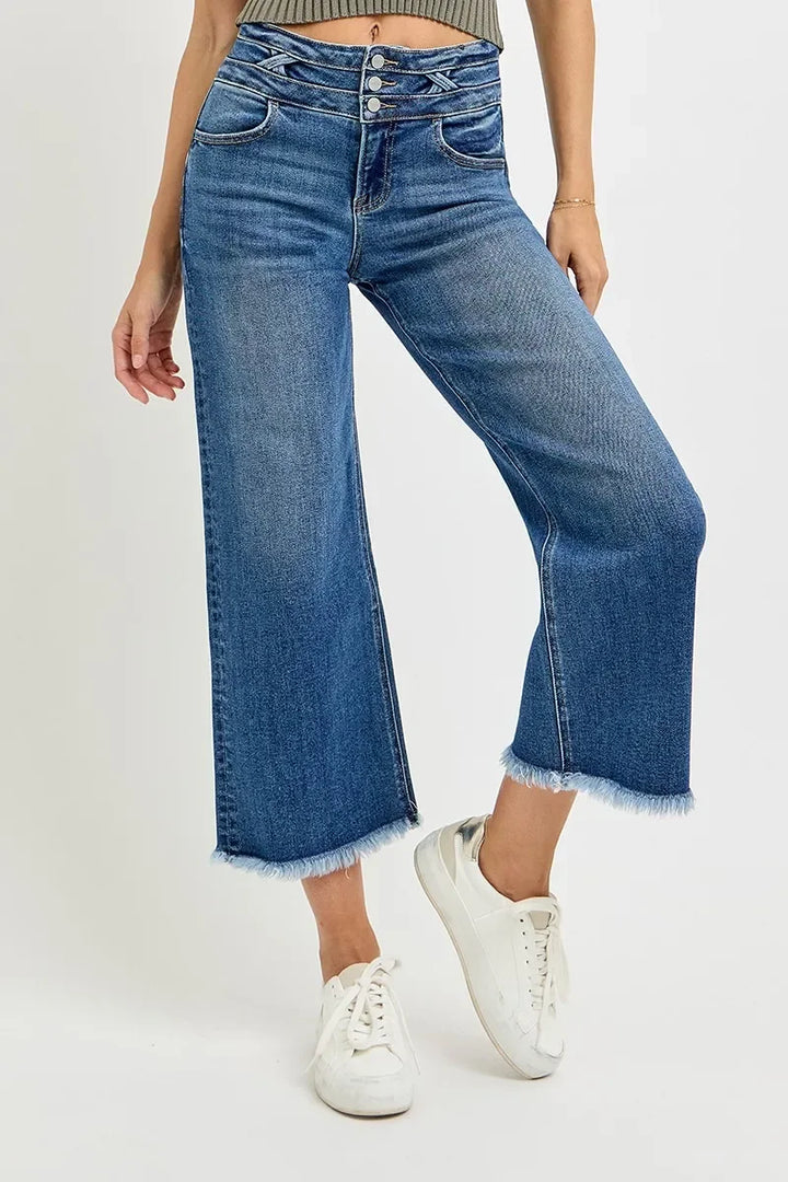 Denim - RISEN High Rise Crop Wide Leg Jeans with Wide Band Detail - - Cultured Cloths Apparel