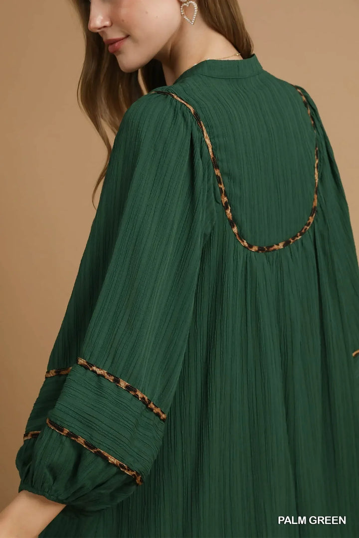 Women's Dresses - Umgee Textured Babydoll Dress with Leopard Trim - - Cultured Cloths Apparel