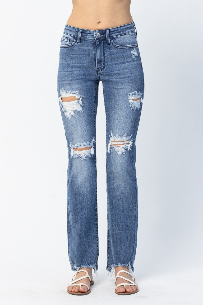 Denim - Judy Blue Full Size Mid Rise Destroy Straight Jeans Plus Size - MD - Cultured Cloths Apparel