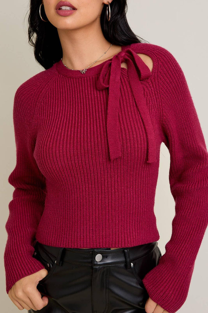 Women's Sweaters - ROUND NECK SWEATER WITH RIBBON BOW DETAIL ON THE SHOULDER - - Cultured Cloths Apparel