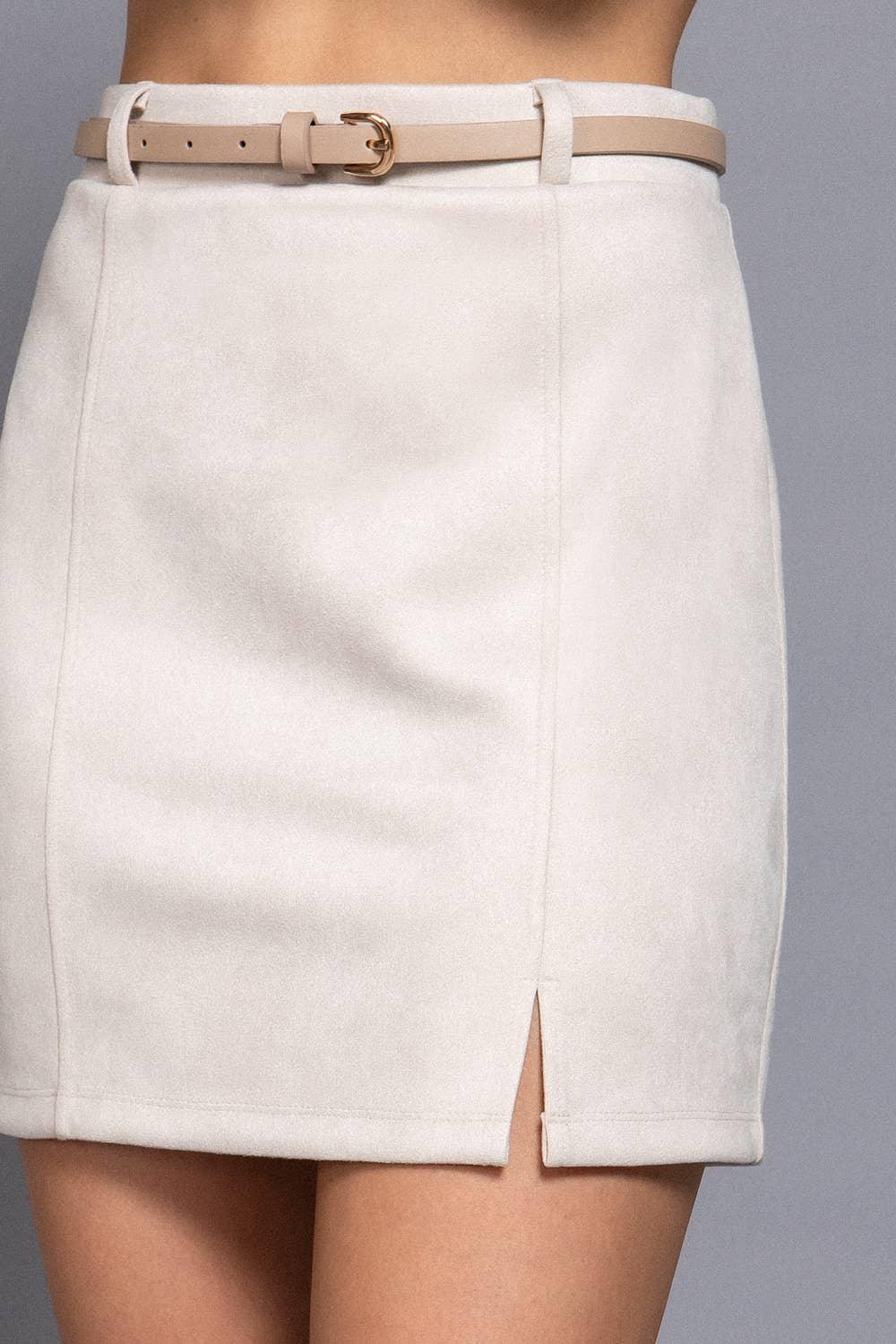 Women's Skirts - Belted Faux Suede Mini Skirt - Ecru - Cultured Cloths Apparel