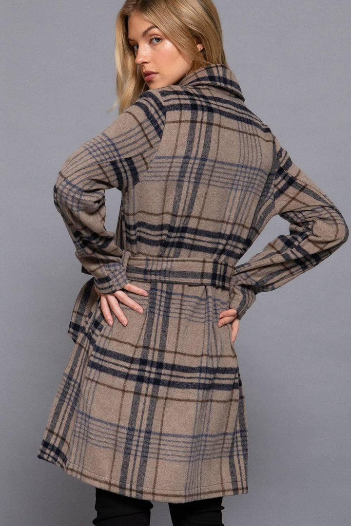 Outerwear - Long Sleeve Notched Collar with Waist Belt Plaid Jacket - - Cultured Cloths Apparel