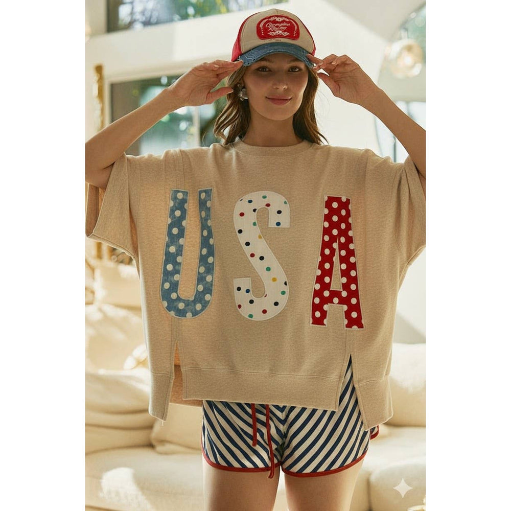 Women's Short Sleeve - 4th Of July Polka Dot Usa Lettered Patch Work Top - - Cultured Cloths Apparel