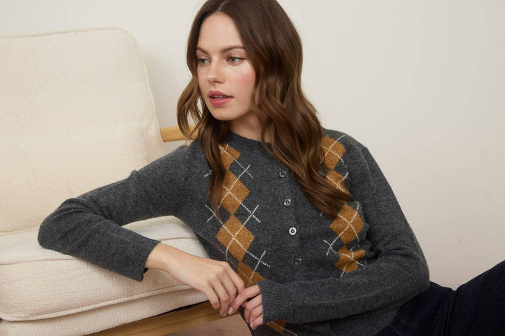 Women's Sweaters - ARGYLE PATTERN BUTTON DOWN LONG SLEEVE CARDIGAN - - Cultured Cloths Apparel