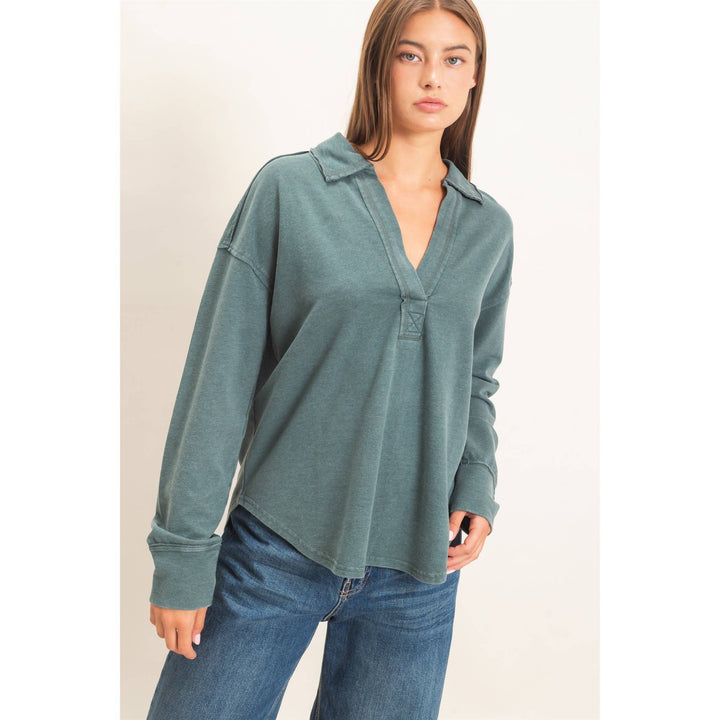 Mineral Washed Polo Collar Long Sleeve Top