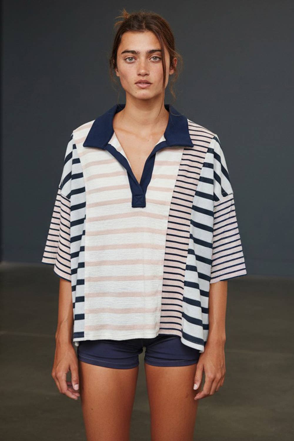 Women's Short Sleeve - Stripe-block Collar Short-sleeve Top - - Cultured Cloths Apparel