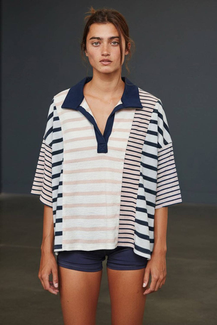Women's Short Sleeve - Stripe-block Collar Short-sleeve Top - - Cultured Cloths Apparel