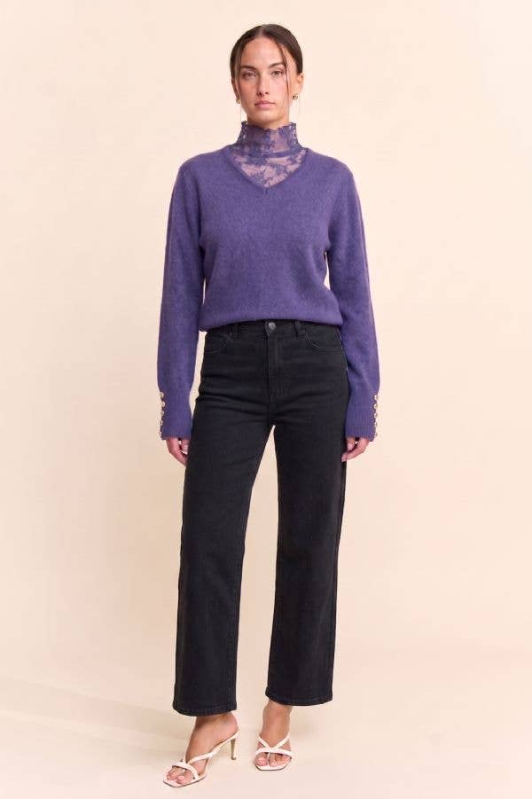 Lace High-Neck Layered V-Neck Sweater