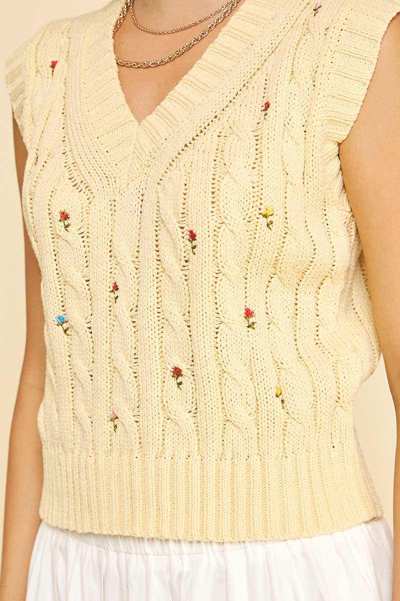Women's Sleeveless - FLORAL EMBROIDERED CABLE KNIT SWEATER VEST - - Cultured Cloths Apparel