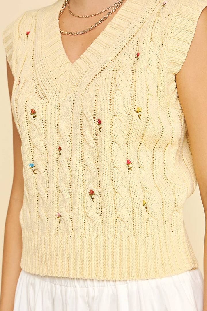 Women's Sleeveless - FLORAL EMBROIDERED CABLE KNIT SWEATER VEST - - Cultured Cloths Apparel