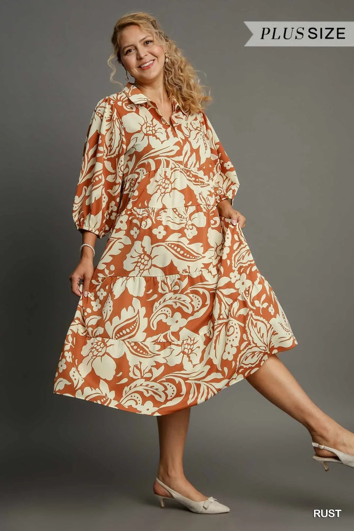 Women's Dresses - Umgee Full Size Floral Tiered Midi Shirt Dress - - Cultured Cloths Apparel