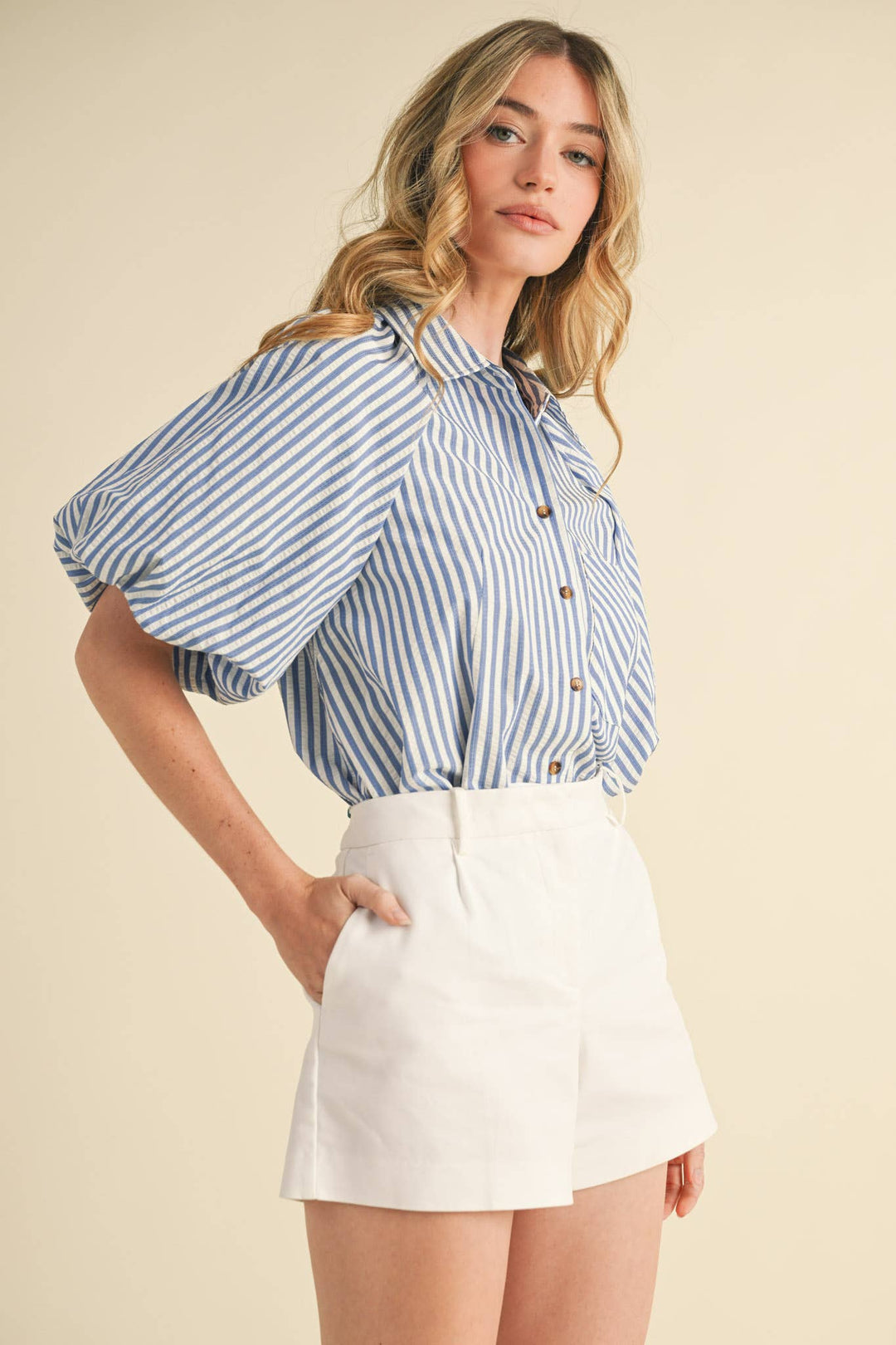 Women's Short Sleeve - STRIPED BUBBLE SLEEVE BUTTON DOWN TOP - - Cultured Cloths Apparel