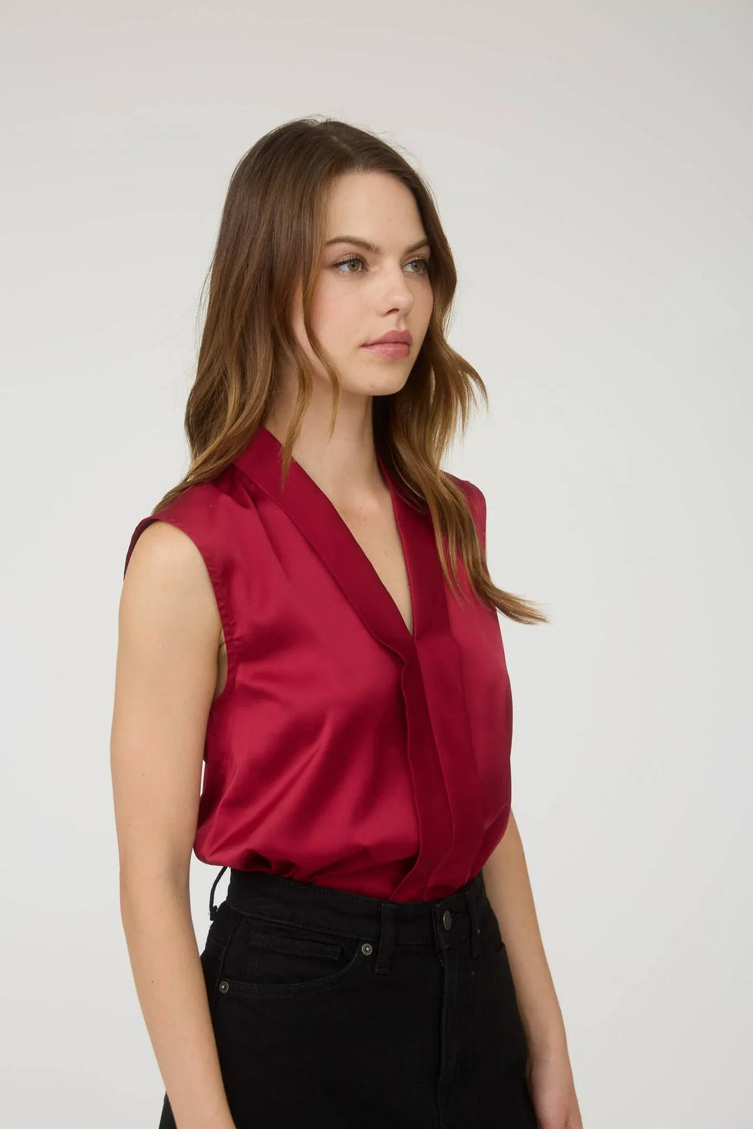 Women's Sleeveless - SATIN COLLARED SLEEVELESS BLOUSE - - Cultured Cloths Apparel