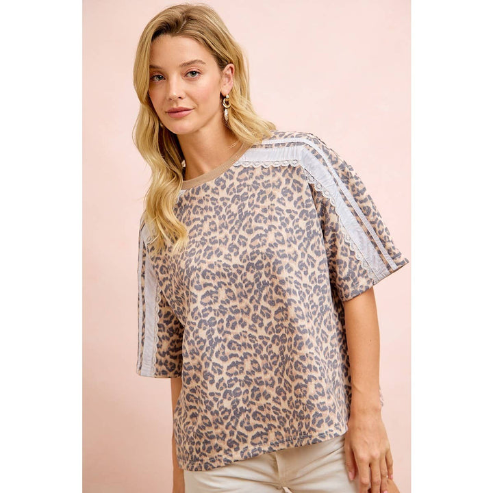 Women's Short Sleeve - LEOPARD TERRY SIDE DETAIL SHORT SLEEVES TOP - - Cultured Cloths Apparel