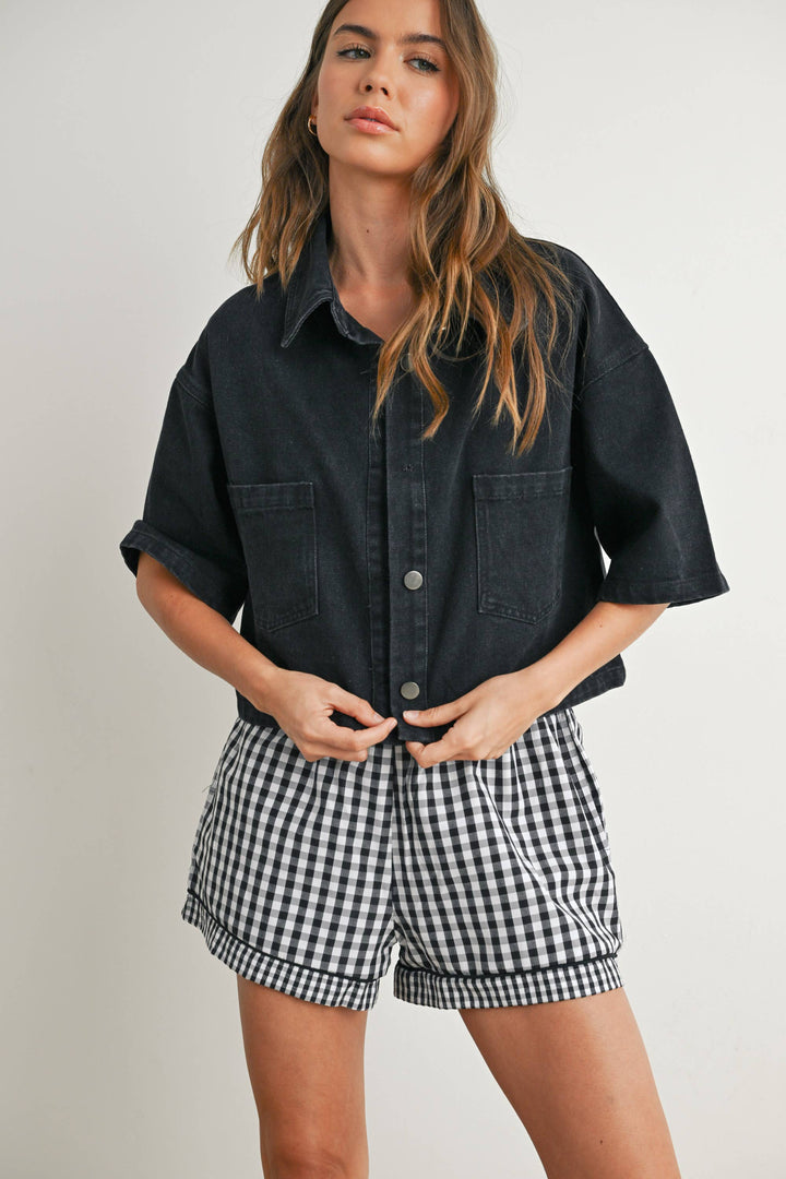 Women's Short Sleeve - Button Front Cropped Shirt - - Cultured Cloths Apparel