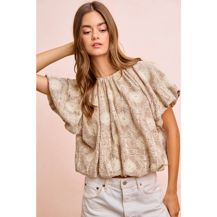 Women's Short Sleeve - FLOWER EMBROIDERED SHIRRED NECKLINE BUBBLE HEM TOP - - Cultured Cloths Apparel