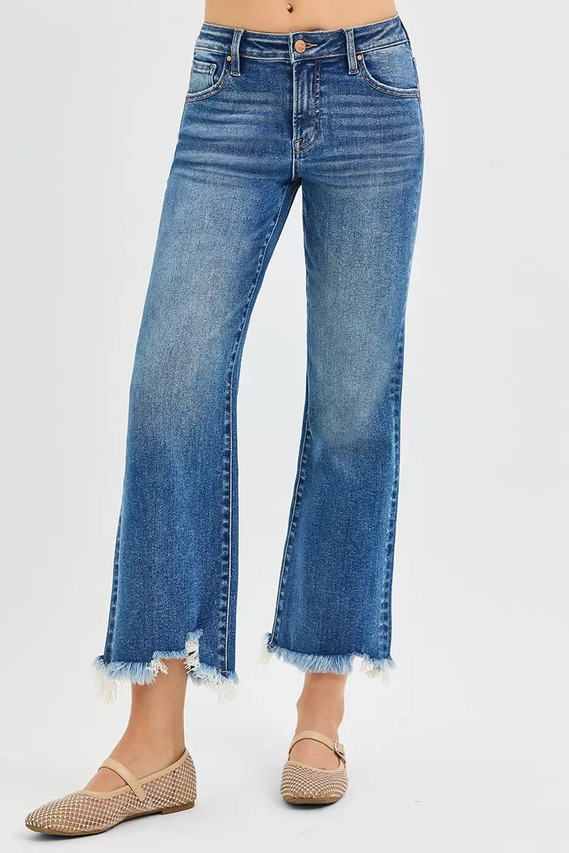 Denim - RISEN Full Size Mid Rise Crop Straight Jeans - DARK - Cultured Cloths Apparel