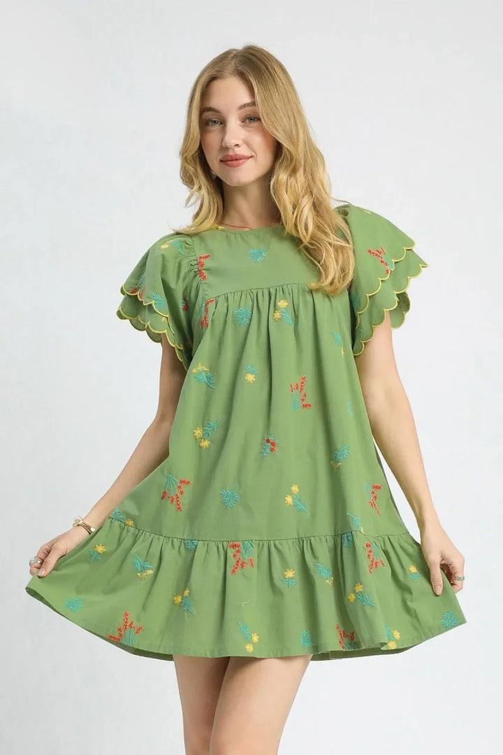 Women's Dresses - Umgee Floral Embroidered Short Sleeve Mini Dress - Matcha Green - Cultured Cloths Apparel