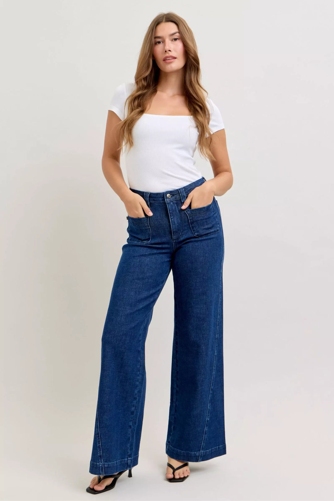 Denim - Judy Blue High-Waisted Retro Wide Jeans with Patch Pkts & Twisted Seams - - Cultured Cloths Apparel