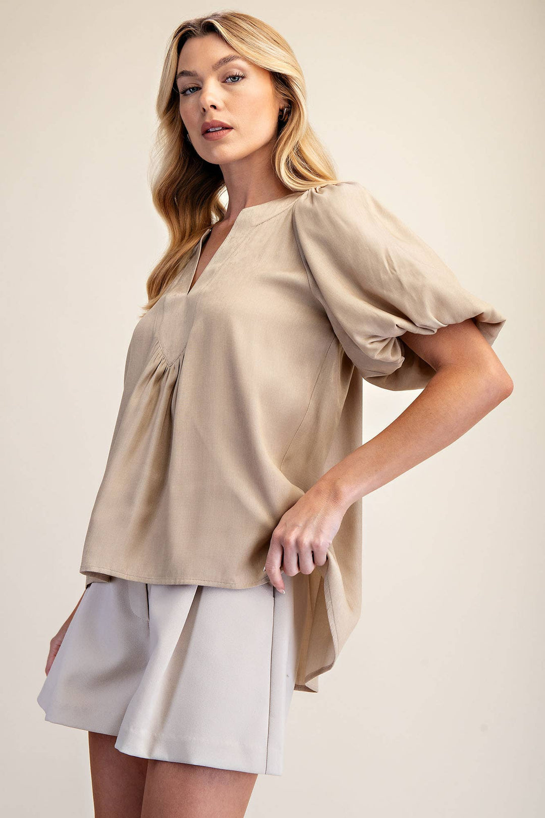 - V-Neck Placket Balloon Sleeve Top - - Cultured Cloths Apparel