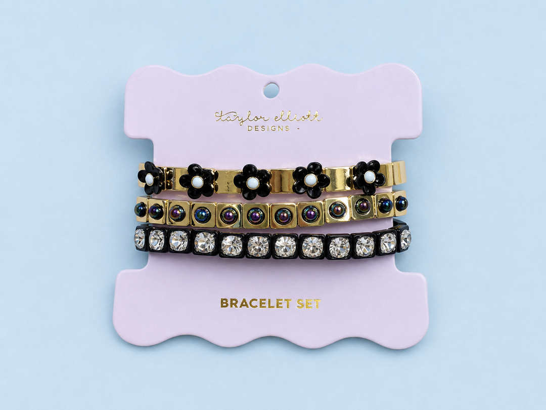 Enamel Stretch Bracelets - Black + Gold - Poppy - 3 Pc Set