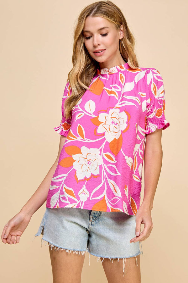 Women's Short Sleeve - Floral Printed Top with Ruffled Neck Detail and Smocked Slee -  - Cultured Cloths Apparel
