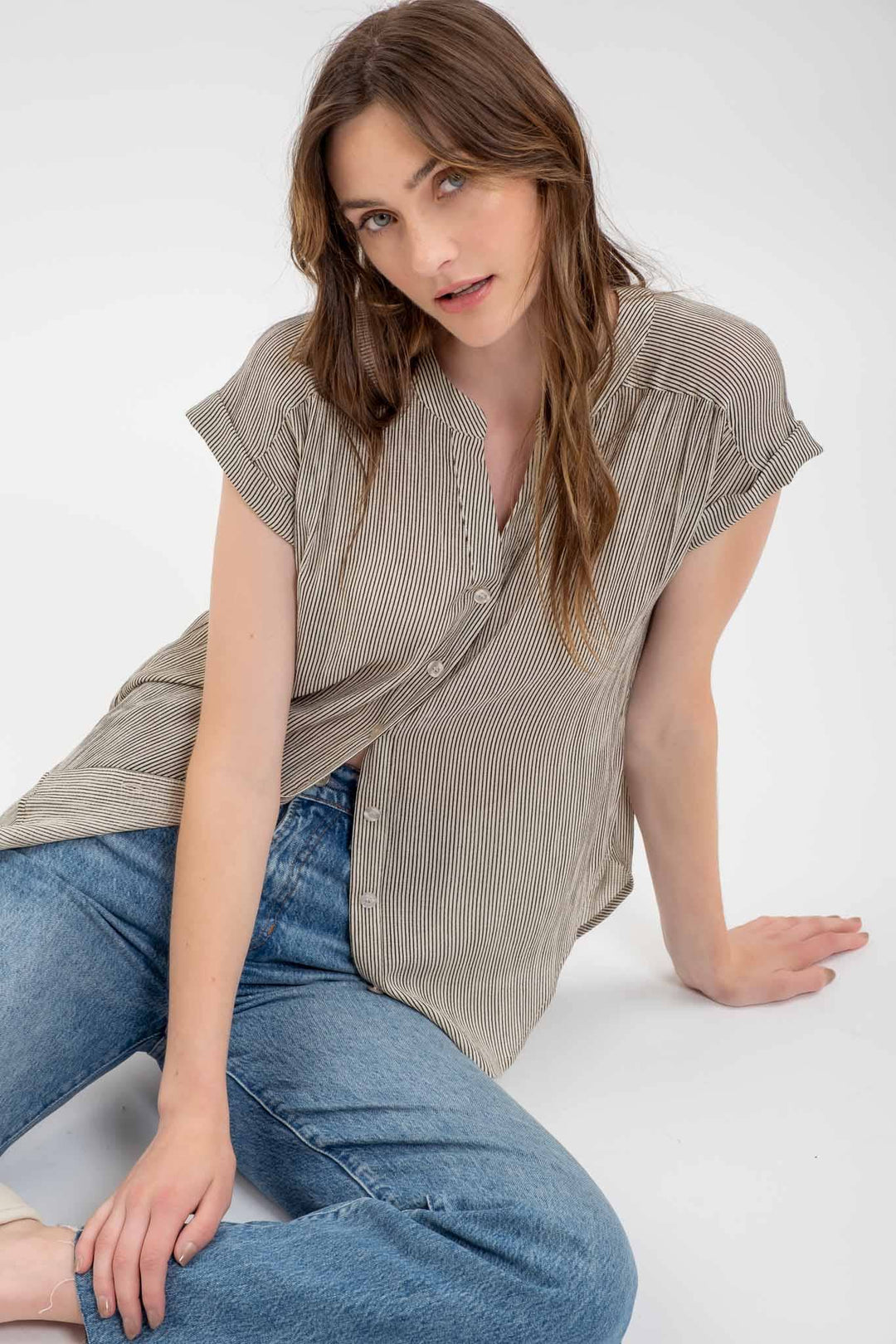 Women's Short Sleeve - PINSTRIPE SHORT CUFF SLEEVE BUTTON DOWN SHIRT - IVORY - Cultured Cloths Apparel