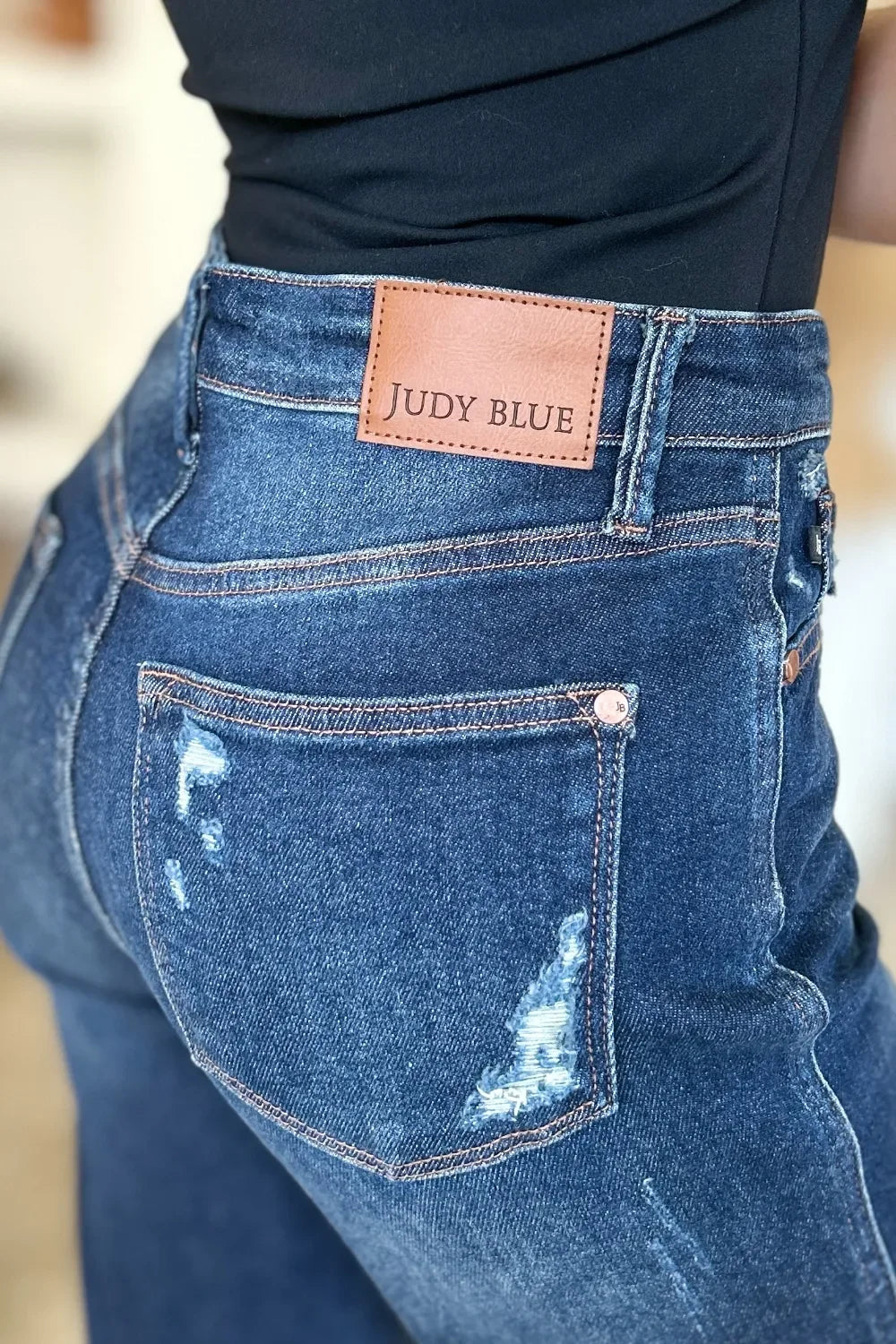 Denim - Judy Blue Full Size High Waist Rigid Magic Heavy Destroy Straight Jeans - - Cultured Cloths Apparel