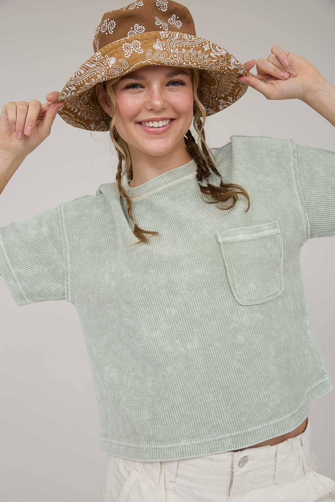 Women's Short Sleeve - WASHED RIBBED SHORT SLEEVE TEE WITH POCKET - - Cultured Cloths Apparel