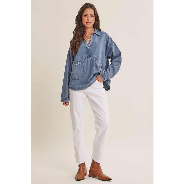 EASY LIVING MINERAL-WASHED COTTON DENIM OVERSIZED POCKET TOP