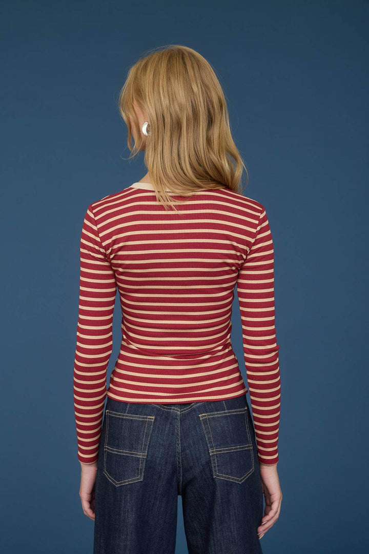 Women's Long Sleeve - STRIPE SNAP BUTTON HENLEY RIB KNIT TOP - - Cultured Cloths Apparel
