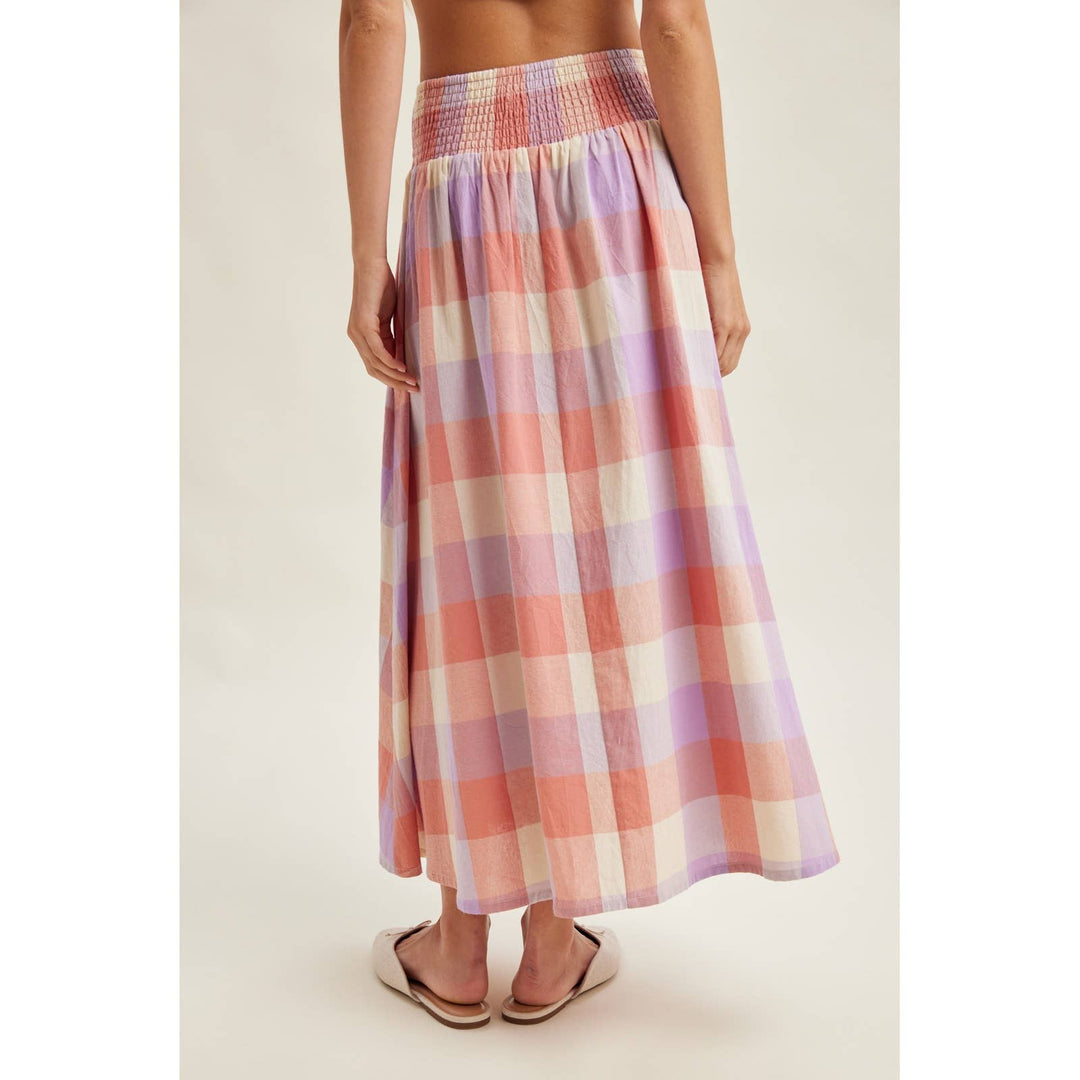 SMOCKED WAIST PLAID TIERED MIDI SKIRT