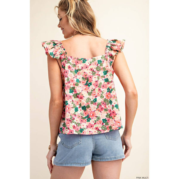 Women's Short Sleeve - Flowery Peach Skin Fabric Square Neckline Top -  - Cultured Cloths Apparel
